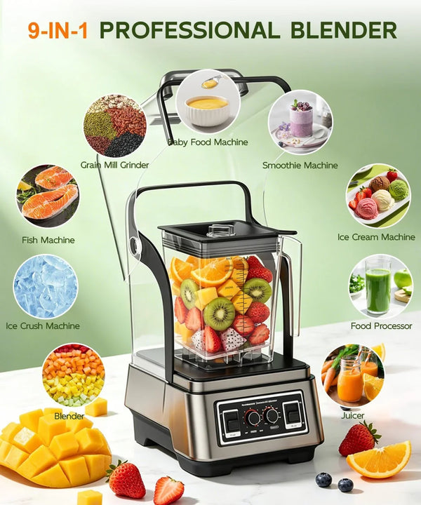Commercial Blender with Quiet Shield, 84Oz Smoothie Maker 1800W | 2500Ml Professional Electric Blender with Timer, Self-Clean, Blender for Shakes, Ice Crushing, Frozen Drinks, Soup, Fish3