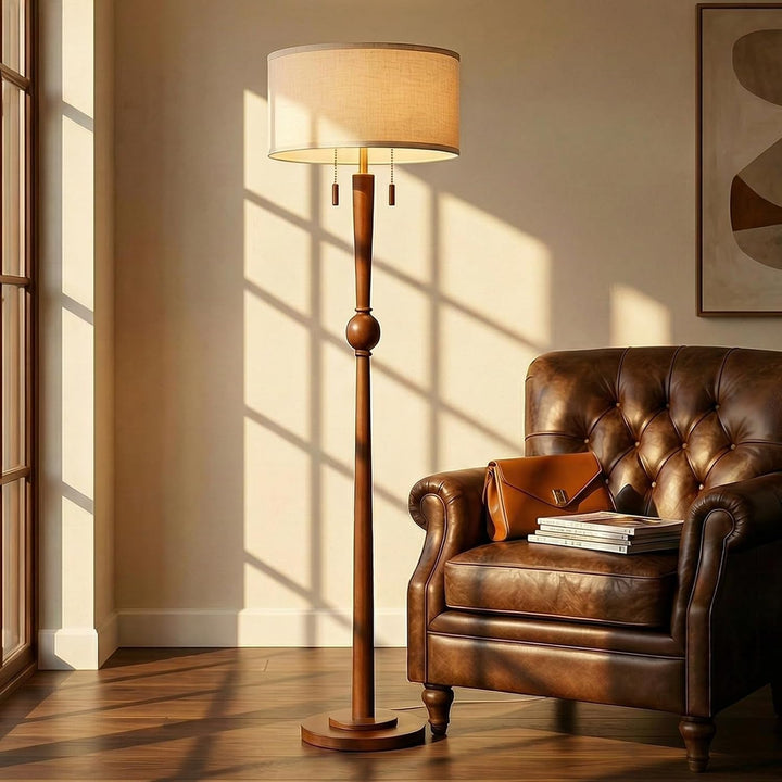 Solid Wood Floor Lamp for Living Room with Wooden Pull Chains | 62.8" Tall,Sculptural Wood Base & Stem,17" Linen Drum Shade,2-Light Standing Lamp for Bedroom & Reading Corner,Bulbs Included