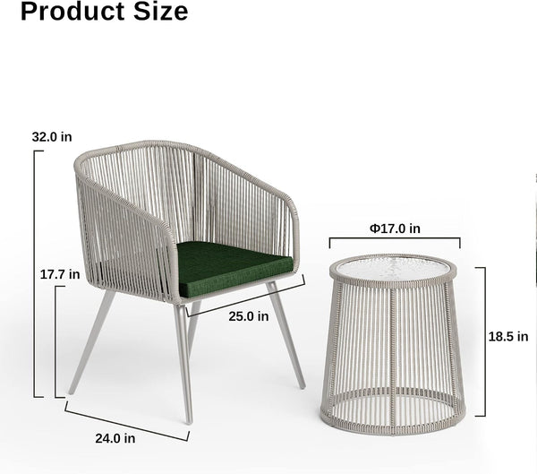 Breezeway Patio Furniture Set, 3-Piece outside Bistro Set Handwoven Rattan Wicker Chairs with Waterproof Cushions, Tempered Glass Table, Outdoor Conversation Set, Ivory White & Jungle Green6