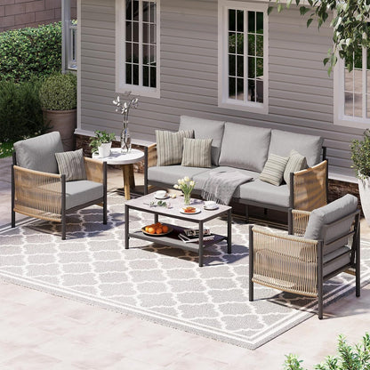 Aluminum Outdoor Patio Furniture Set with Dual-Layer Coffee Table, 4 Piece Modern Patio Conversation Sets with PE Rope, Outdoor Sectional Sofa with Thick Cushions for Balcony, Porch, Gray1