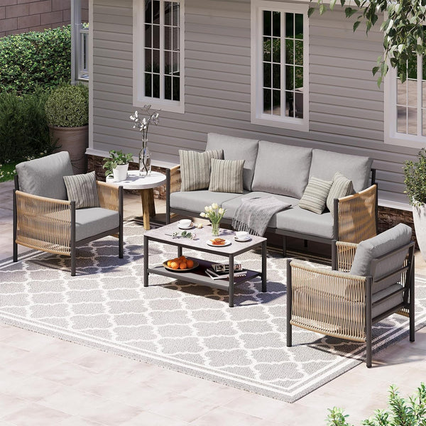 Aluminum Outdoor Patio Furniture Set with Dual-Layer Coffee Table, 4 Piece Modern Patio Conversation Sets with PE Rope, Outdoor Sectional Sofa with Thick Cushions for Balcony, Porch, Gray1