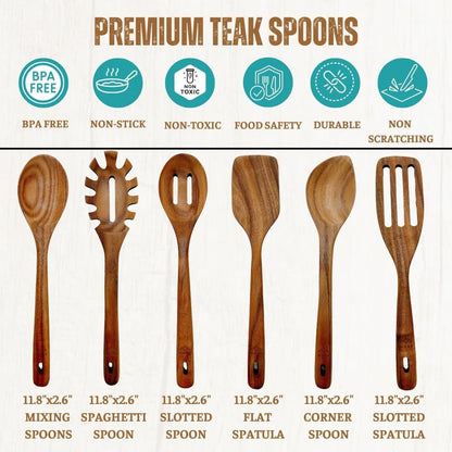 Wooden Utensils for Cooking, Premium Teak Healthy Spoons, Wooden Spoons for Cooking, Durable Eco-Friendly and Safe Teak Cooking Spoon, Cooking Gifts for Mom (Set of 6) and Hooks2