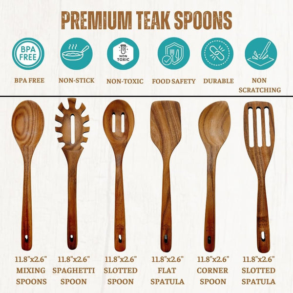 Wooden Utensils for Cooking, Premium Teak Healthy Spoons, Wooden Spoons for Cooking, Durable Eco-Friendly and Safe Teak Cooking Spoon, Cooking Gifts for Mom (Set of 6) and Hooks2