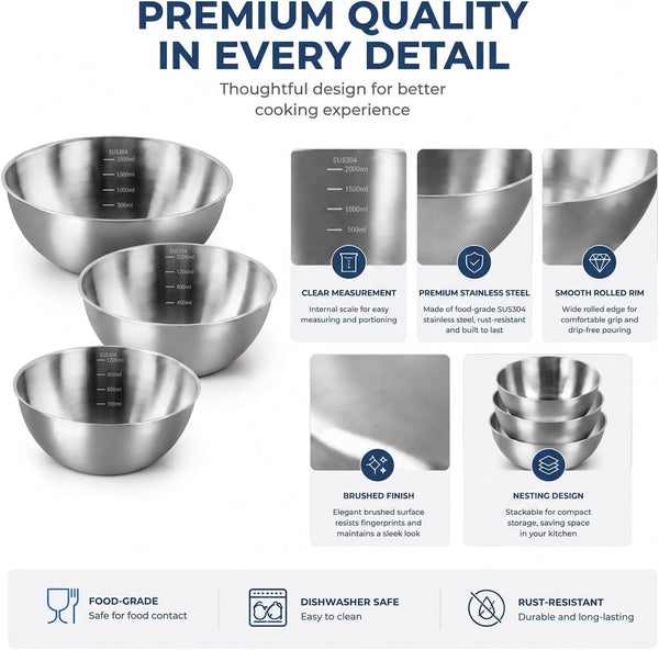 Stainless Steel Mixing Bowls Set of 3 - 9.84", 8.66" & 7.5" Metal Mixing Bowls, 3.3 Qt, 2 Qt & 1.5 Qt Stainless Steel Salad Bowls, Durable 304 Stainless Steel Bowl for Kitchen, Baking, and Meal Prep3