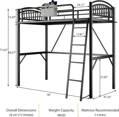 Metal Loft Bed Twin Size, Heavy Duty Loft Bed with Bedside Caddy, EVA Anti-Slip Ladder with Sturdy Guardrails, Space-Saving Twin Size Loft Bed for Teens & Adults for Bedroom Dorm (Black)2