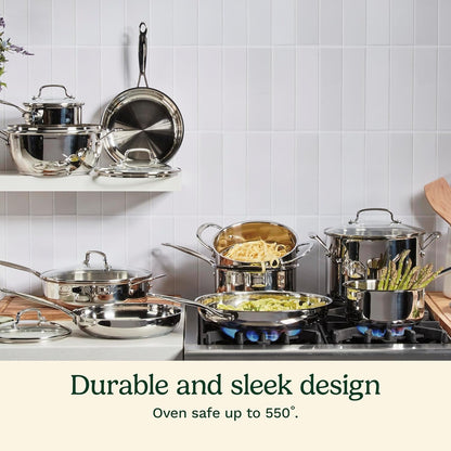 17-Piece Stainless Steel Cookware Set, Chef'S Classic Steel Collection with Pure Aluminum Core for Quick and Even Heat, Cool Grip Handles, Dishwasher Safe, 77-17N | Dishwasher-Safe Stainless Steel Pans and Pots with Riveted Handles & Aluminum Core for Even Heat, Oven Safe to 500°F, 77-17N2