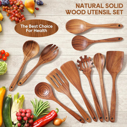 Wooden Spoons for Cooking 10PCS Teak Wood Cookware Utensil Set8