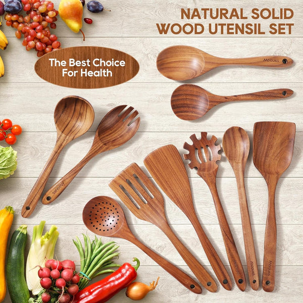 Wooden Spoons for Cooking 10PCS Teak Wood Cookware Utensil Set8