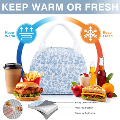 Lunch Bag - Insulated Lunch Box for Women, Reusable Large Capacity Cooler Bag for Adult, Small Leakproof Cute Corduroy Lunch Tote for Work Office Travel Picnic (Corduroy Blue-Flower)5