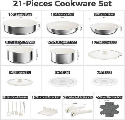 21PCS Pots and Pans Set Non Stick, Ceramic & Stainless Steel Cookware Set with Detachable Handles, Induction Cookware, Oven/Dishwasher Safe, Frying Pans with Kitchen Essentials, Beige White2