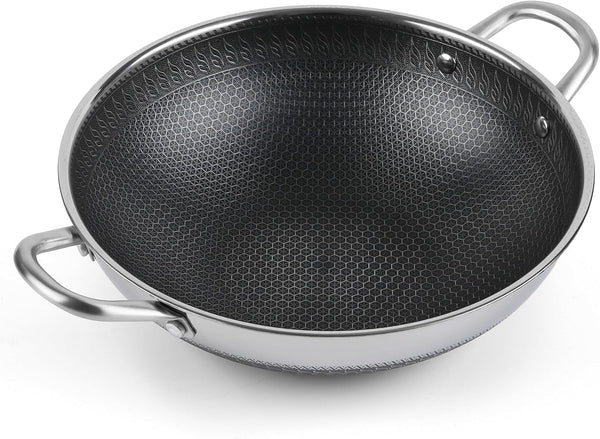 12.5Inch Stirfry Pan with Coating Stainless Steel Wok Pan with Nonstick Coating,Frying Pans, Stay-Cool Handle,Works with Gas, Electric, Ceramic Furnace Stove,Suitable for Home , Outdoor Camping1