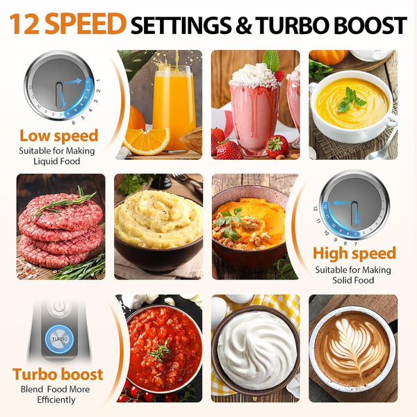 Immersion Blender, 1000W Anti-Scratch 3-In-1 Hand Blender, Upgraded 12 Speed Stainless Steel Blade Stick Blenders with Turbo Mode, Whisk and Milk Frother, Non-Bpa5