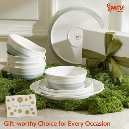 Plates and Bowls Sets,18 Pieces Modern Porcelain Dinnerware Set for 6 Handcrafted Uniqe Dinner Set Ceramic Dishware Dishes Microwave and Dishwasher Safe, Blue & Green8