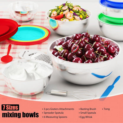 Stainless Steel Mixing Bowls Set with Lids & 3 Grater Attachments, Colorful8