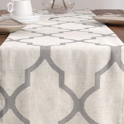 Moroccan Tile Table Runner Linen Textured for Kitchen Geometric Trellis Printed Table Cover 1 Panel 55" L Soft Grey3