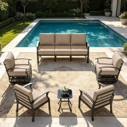 Aluminum Patio Furniture Set 7-Seat Modern Metal Outdoor Conversation Sets W/Swivel Rocking Chairs Patio Sectional Sofa W/5.1 Inch Cushion, Sand1