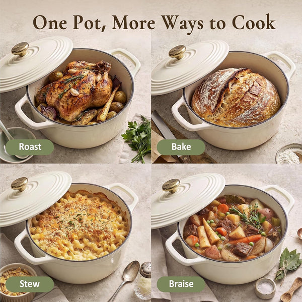 Enameled Cast Iron Dutch Oven - 5.5QT Pot with Lid Cookbook & Cotton Potholders - Heavy-Duty Cookware for Braising, Stews, Roasting, Sourdough Baking White6