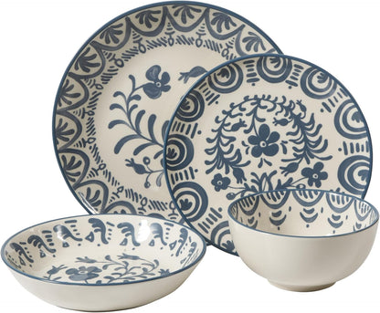 Bloomhouse - 2-Time Oprah’S Favorite Things - Valencia Flor 16 Piece Dinnerware Set, Artisanal Decorated Stoneware Plates & Bowls, Service for 4, Microwave & Dishwasher Safe, Iris Blue7