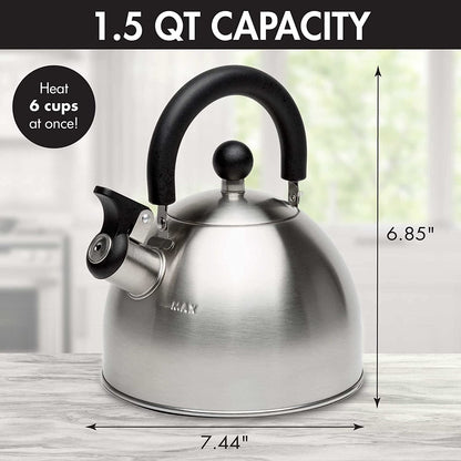 Stewart Whistling Tea Kettle for Stovetop, Stainless Steel Stove Top Kettle with Fast Boil Whistling Spout and Cool Touch Folding Handle, 1.5-Quart, Brushed Silver with Black Handle3