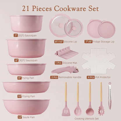 21 Pcs Pots and Pans Set Non Stick, Ceramic Cookware Set Detachable Handle, RV Kitchen Cooking Set Removable Handles, Oven Safe, Induction Ready, Stackable, Pink, Fathers Day Gift for Men9