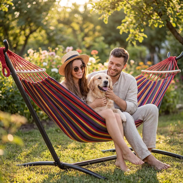 Double Hammock with Stand for 2 Person, 600 Lbs Heavy Duty Cotton Bed with Steel Stand, Free Standing for Outdoor Indoor Patio, Carrying Bag Included2