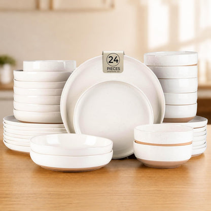 24-Piece Ceramic Dinnerware Set for 6, Handpainted Plates, Pasta Bowls & Bowls Set with Rustic Terracotta Underside, Scratch-Resistant, Dishwasher & Microwave Safe,Speckled Glaze Beige1