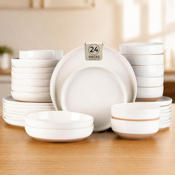 24-Piece Ceramic Dinnerware Set for 6, Handpainted Plates, Pasta Bowls & Bowls Set with Rustic Terracotta Underside, Scratch-Resistant, Dishwasher & Microwave Safe,Speckled Glaze Beige1