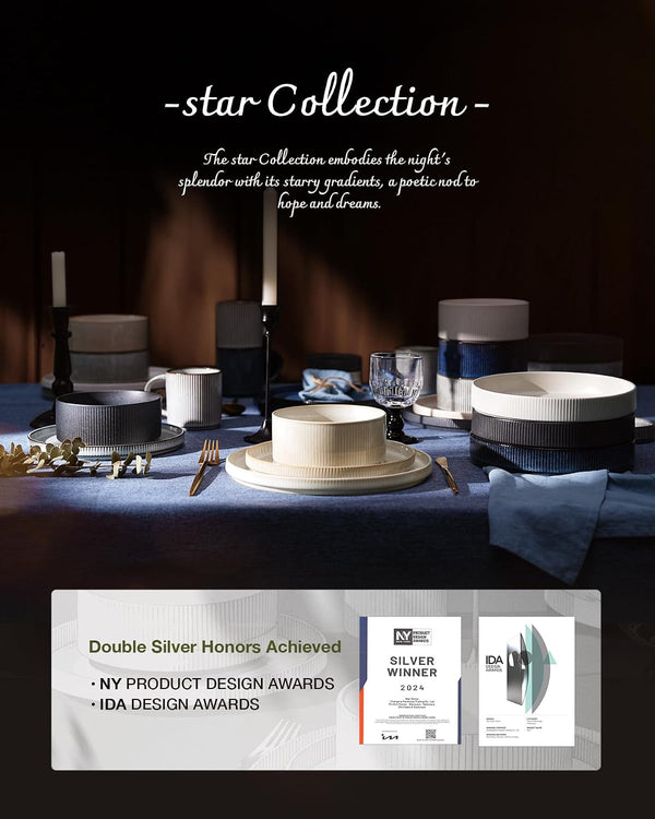 Star Stoneware Dinnerware Sets with Pasta Bowls, 24Pc Dishes for 68