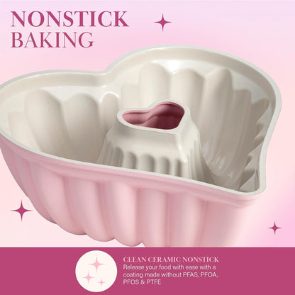 Heart Shaped Fluted Cake Pan, Cast Aluminum with Clean Ceramic Nonstick Bakeware Fluted Tube Pan, Dishwasher Safe, Made without PFAS, PFOA, PFOS & PFTE, 9-Inch, Pink5