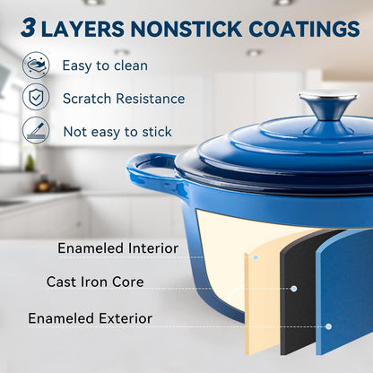 6 Quart Enameled Dutch Oven Pot with Lid, Cast Iron Dutch Oven with Dual Handles for Bread Baking, Cooking, Non-Stick Enamel Coated Cookware (Dark Blue)3