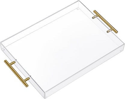 12"X16" Clear Acrylic Serving Tray with Golden Handles, Sturdy Huge Capacity Acrylic Tray for Coffee, Juice, Kitchen and Desk Organizer, Storage Tray (12"X16")1