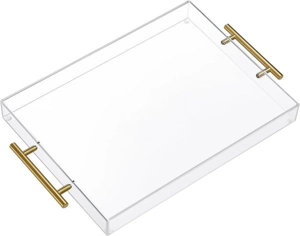 12"X16" Clear Acrylic Serving Tray with Golden Handles, Sturdy Huge Capacity Acrylic Tray for Coffee, Juice, Kitchen and Desk Organizer, Storage Tray (12"X16")1