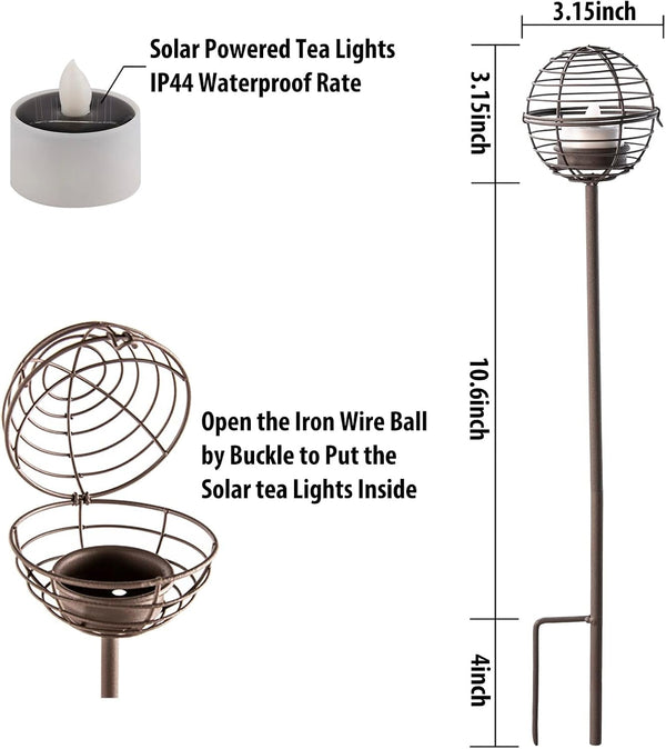 Solar Pathway Lights Outdoor, Rust Iron Ball Candle Holder Stake with Flickering Solar Powered Tea Lights, Perfect Decorative Garden Lighting for Yard Lawn Patio Landscape Decor Outside-4Pack3