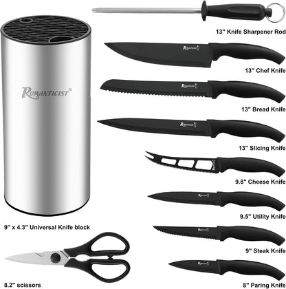 Knife Set, 10 Pieces Knife Block Set - Stainless Steel Kitchen Knives with Sharpener and Cheese Knife, Non-Slip Ergonomic Handles, Exquisite Knives Set - Stylish Black2