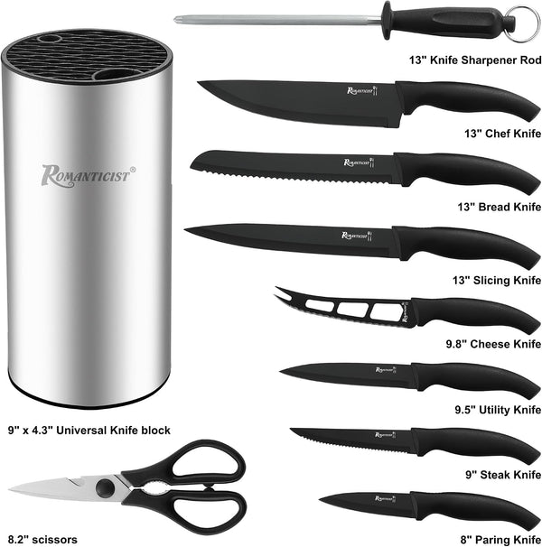 Knife Set, 10 Pieces Knife Block Set - Stainless Steel Kitchen Knives with Sharpener and Cheese Knife, Non-Slip Ergonomic Handles, Exquisite Knives Set - Stylish Black2