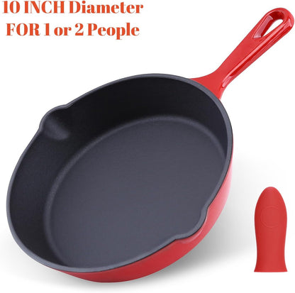 Enameled Cast Iron Skillet 10Inch with Pour Spouts for Searing Baking Grilling and Roasting,10" Frying Pan Cookware with Silicone Handel Cover,Durable Oven Safe Pan,Stove Campfire Use(Red)7