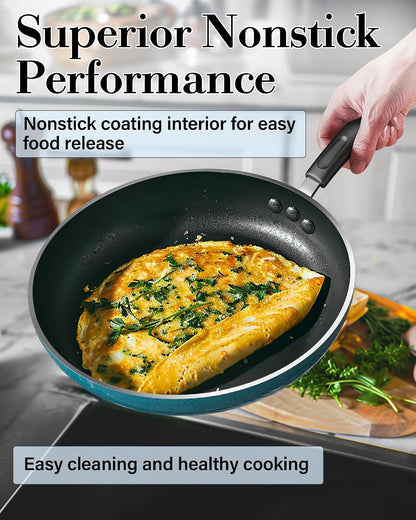 Professional Pots and Pans Nonstick Cookware Set, Belly Shape Kitchen Cooking Set with Frying Pans and Saucepans, Induction Compatible, 10-Piece, Turquoise4