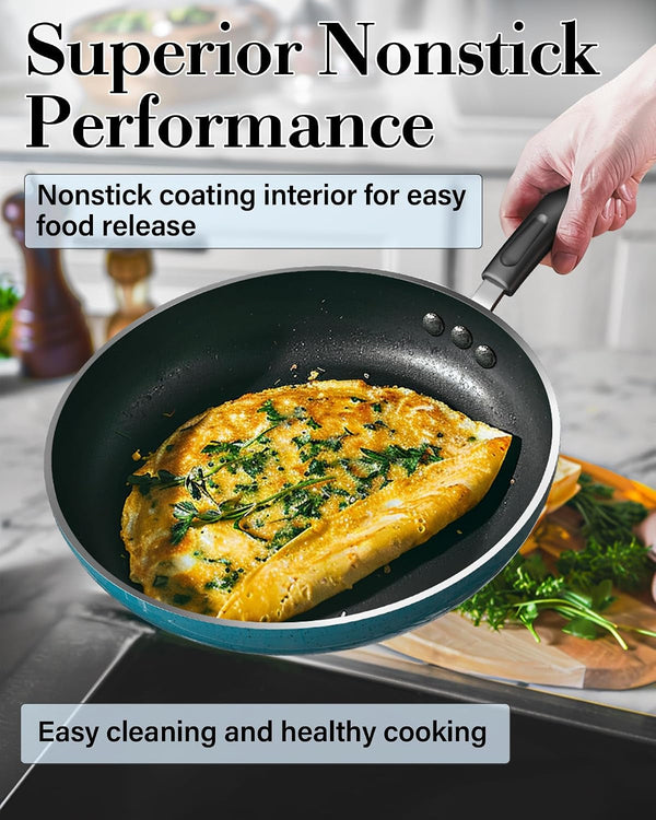 Professional Pots and Pans Nonstick Cookware Set, Belly Shape Kitchen Cooking Set with Frying Pans and Saucepans, Induction Compatible, 10-Piece, Turquoise4