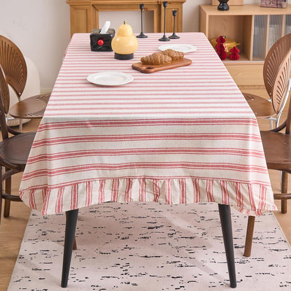 Farmhouse Red Stripe Ruffle Table Cloth, Boho Cotton Linen Tablecloth, Washable Table Cover for Square Table Baby Shower Kitchen Party Wedding Decor (Red A,55"X55")1