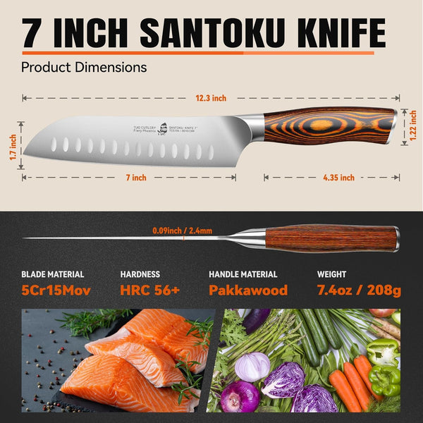 Santoku Knife, 7 Inch Japanese Chef Knife for Vegetable Chopping & Meat Dicing, High Carbon German Steel, Ergonomic Handle - Fiery Phoenix Series5