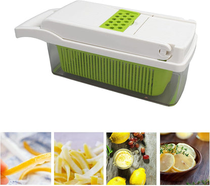 Vegetable Cutter Peeler Chopper Grater, Stainless Steel Kitchen Tool with anti - Slip Handle and Blade Container for Potato Carrot Onion, 12 - Piece Set for Home (White)6