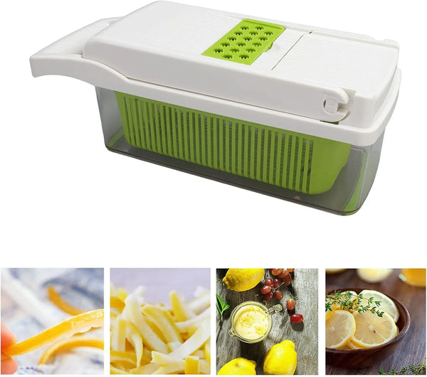 Vegetable Cutter Peeler Chopper Grater, Stainless Steel Kitchen Tool with anti - Slip Handle and Blade Container for Potato Carrot Onion, 12 - Piece Set for Home (White)6