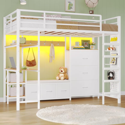 Twin Loft Bed with 6 Storage Drawers,Coat Rack and Open Shelves Metal Twin Size Loft Bed with Desk,Charging Station and LED Light,Loft Beds with Large Pegboard,Stairs and Safety Guardrail,White8