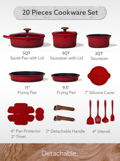 20Pcs Titanium Cookware Set, Pots and Pans Set Detachable Handle | Non-Stick, Non-Toxic, Induction Compatible, Dishwasher & Oven Safe, Space Saving, Camping Cooking, Red2
