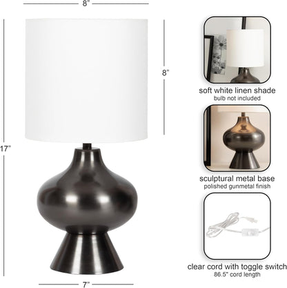 Bahira Modern Metal Bedside Table Lamp, 8 X 8 X 17, Gunmetal, Sculptural Decorative Tabletop Desk Lamp with Linen Shade for Living Room Decor2