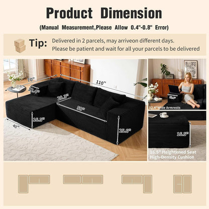 110” No Assembly Compression Boneless in a Box Cloud Sectional Couches for Living Room L-Shape Couch Sleeper Sofa, Modern Modular Corduroy Reclining Comfy Fluffy Memory Foam Furniture for Home Black2
