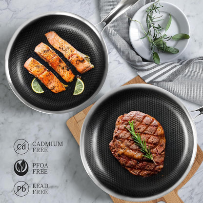 Non Stick Frying Pans, Stainless Steel Pan Set with Lid | Honeycomb Nonstick Coating, Pfoa-Free. Cool-Touch Handles. Compatible with All Stoves. Oven Safe&Dishwasher Safe.7