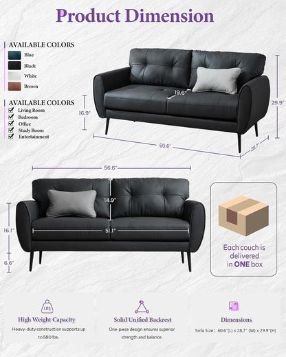 61'' Black Faux Leather Loveseat, Small Tufted Couch for Living Room2