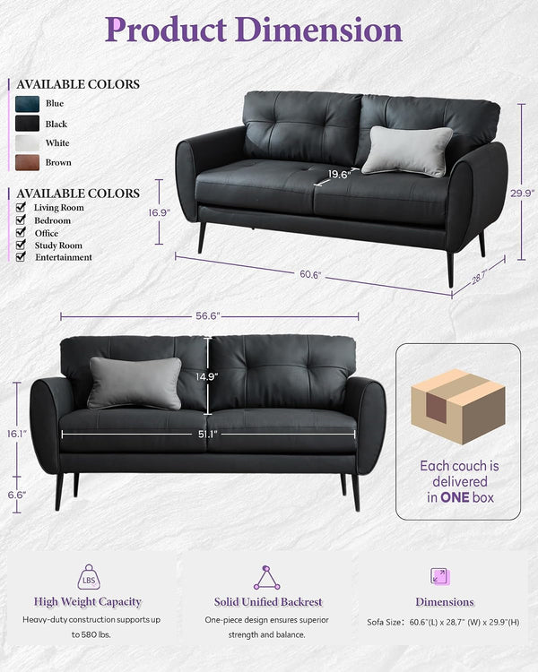 61'' Black Faux Leather Loveseat, Small Tufted Couch for Living Room2