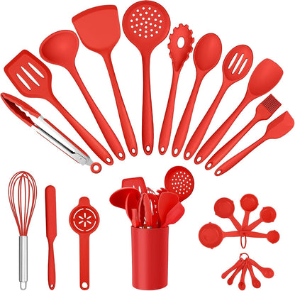 Silicone Cooking Utensils Set, 25 Piece Kitchen Utensils with Holder, Non Toxic Kitchen Tools Spatula, Turner, Spoon, Ladle for Nonstick Cookware, Heat Resistant & Dishwasher Safe - Red1